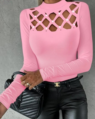 Női Elegáns, kivágott gyöngyökkel díszített, hosszú ujjú felső Női alkalmi ruházat Új őszi női színlelt nyakú, vékony póló