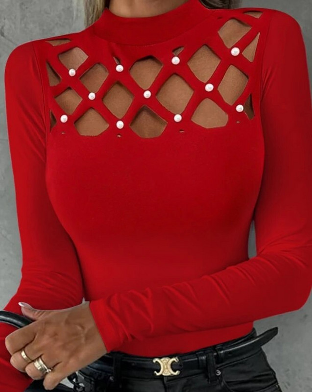 Női Elegáns, kivágott gyöngyökkel díszített, hosszú ujjú felső Női alkalmi ruházat Új őszi női színlelt nyakú, vékony póló
