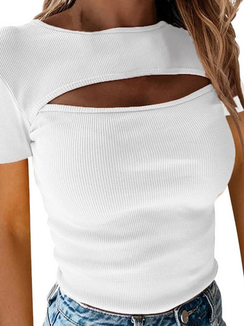 Γυναικεία καλοκαιρινά μονόχρωμα μπλουζάκια με κούφια σχεδίαση See Through O-neck κοντό/μακρυμάνικο μπλουζάκι για streetwear