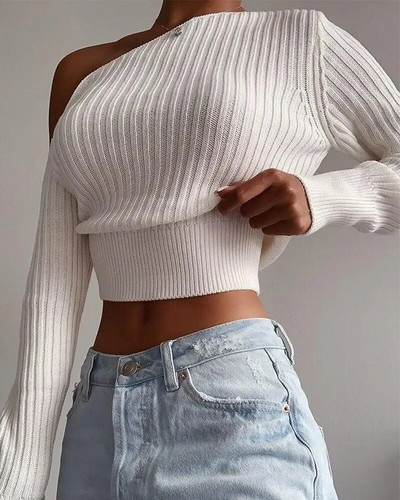 Ženski džemper, seksi džemperi s otvorenim ramenima, proljetni, pleteni kratki topovi s dugim rukavima, modni jednobojni ženski puloveri, ulični puloveri