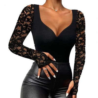 Femei Slim Fit Top Femeie elegantă Colecție de bluze sexy Gât simulat Guler pătrat Tricou Slim Fit Cu Cusături din dantelă și margele