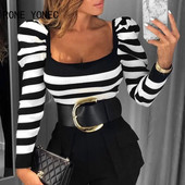 Moteriškos prašmatnios dryžuotos pagrindo ilgos pūstos rankovės Palaidinė Sexy Bodycon mezgimo viršūnės