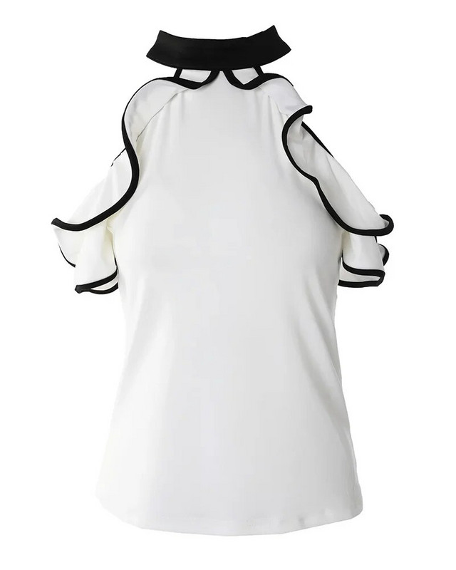 Kontrasztos kötéses fodros hideg vállfelső Női blúz Divat Alkalmi tavaszi nyári rövid ujjú felsők