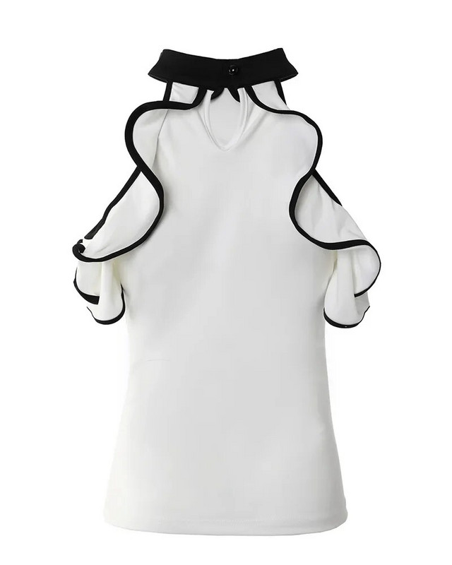 Kontrasztos kötéses fodros hideg vállfelső Női blúz Divat Alkalmi tavaszi nyári rövid ujjú felsők