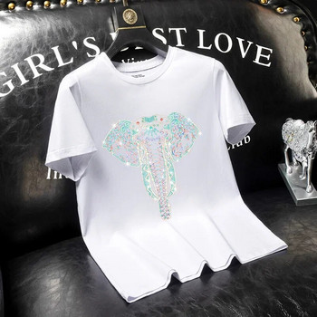 Πολύχρωμο μπλουζάκι από ελέφαντα με στρας ανδρικά καλοκαιρινά μπλουζάκια Μόδα Streetwear Κοντό μανίκι O λαιμό Slim μπλουζάκια Άνδρας Camisas De Hombre