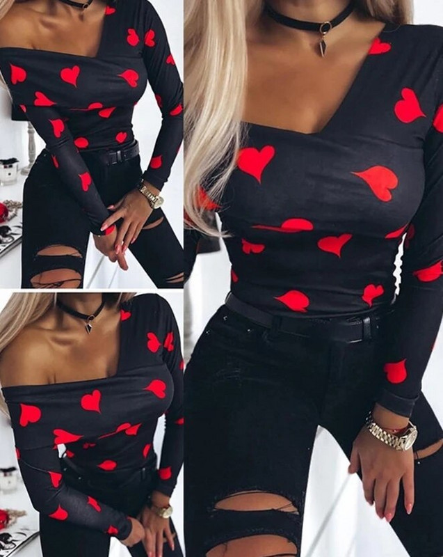 Seksi ženska majica s asimetričnim ovratnikom i printom srca 2024. Rano proljeće Ležerna majica dugih rukava Skinny Dnevni pulover za igru