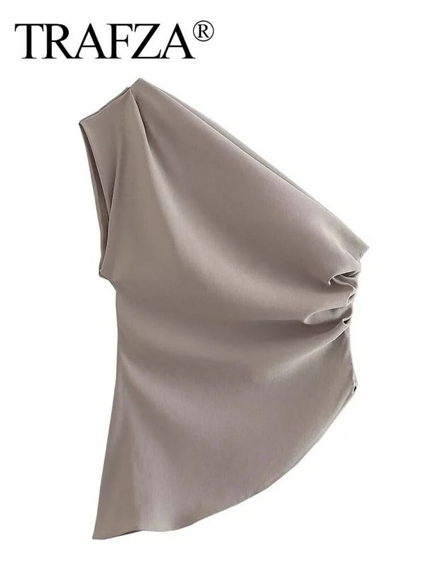 TRAFZA 2023 moe suve naiste seksikas varrukateta asümmeetriline plisseeritud vest, kausaalne elegantne tops, ühe õlaga vintage õhukesed topid
