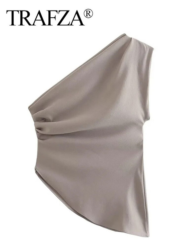 TRAFZA 2023 moe suve naiste seksikas varrukateta asümmeetriline plisseeritud vest, kausaalne elegantne tops, ühe õlaga vintage õhukesed topid