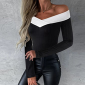 Moteriški marškinėliai Spalvoti marškinėliai Mergaičių marškinėliai su V formos iškirpte ilgomis rankovėmis Kasdieniai moteriški viršutiniai drabužiai rudens žiemai naujo stiliaus moteriški drabužiai