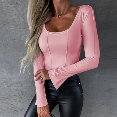 Moteriški marškinėliai Spalvoti marškinėliai Mergaičių marškinėliai su V formos iškirpte ilgomis rankovėmis Kasdieniai moteriški viršutiniai drabužiai rudens žiemai naujo stiliaus moteriški drabužiai