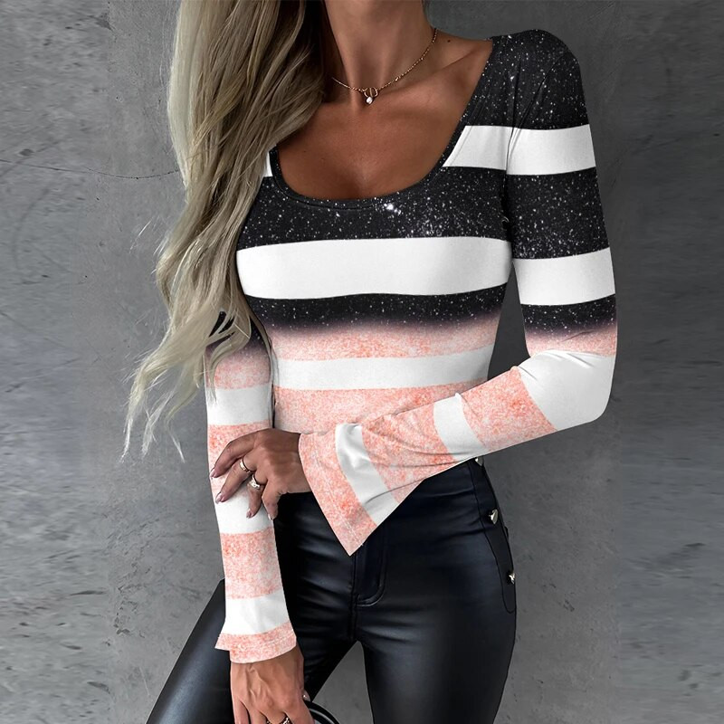 Moteriški marškinėliai Spalvoti marškinėliai Mergaičių marškinėliai su V formos iškirpte ilgomis rankovėmis Kasdieniai moteriški viršutiniai drabužiai rudens žiemai naujo stiliaus moteriški drabužiai