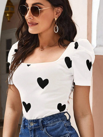 Свети Валентин Тениска с буф ръкав с квадратно деколте Модна дамска тениска Лятна секси дамска тениска с къс ръкав Ежедневно ежедневно облекло Y2k