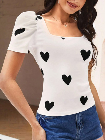 Μπλουζάκι με φουσκωτό μανίκι για την ημέρα του Αγίου Βαλεντίνου Γυναικείο μπλουζάκι με τετράγωνο λαιμό μόδας, σέξι γυναικείο μπλουζάκι με κοντομάνικο καθημερινό casual Y2k