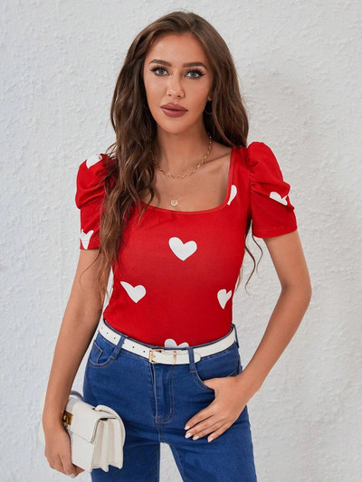 Μπλουζάκι με φουσκωτό μανίκι για την ημέρα του Αγίου Βαλεντίνου Γυναικείο μπλουζάκι με τετράγωνο λαιμό μόδας, σέξι γυναικείο μπλουζάκι με κοντομάνικο καθημερινό casual Y2k