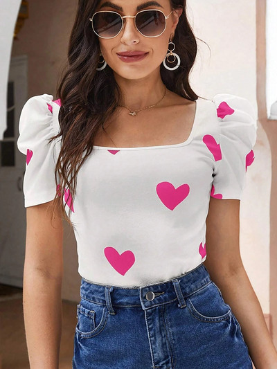 Μπλουζάκι με φουσκωτό μανίκι για την ημέρα του Αγίου Βαλεντίνου Γυναικείο μπλουζάκι με τετράγωνο λαιμό μόδας, σέξι γυναικείο μπλουζάκι με κοντομάνικο καθημερινό casual Y2k