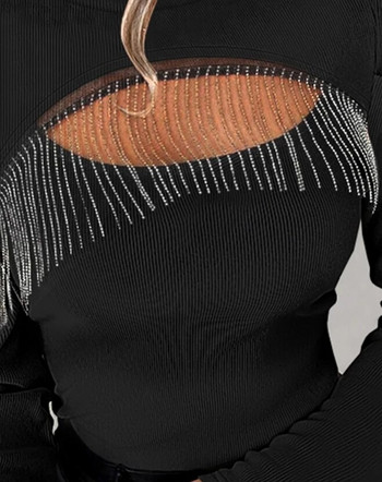 Модна дамска блуза Пролетна тениска с изрязани диаманти с пискюл с ръкав с джигот Ежедневна обикновена тениска с дълги ръкави и О-образно деколте