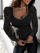 Rudeninė palaidinė Moteriški marškinėliai Rudeniniai „Gigot“ rankovių nėriniai su V formos iškirpte Viršūnės su ilgomis rankovėmis Moteriški biuro elegantiški marškinėliai „Moteriški“