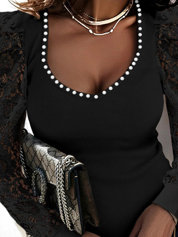 Rudeninė palaidinė Moteriški marškinėliai Rudeniniai „Gigot“ rankovių nėriniai su V formos iškirpte Viršūnės su ilgomis rankovėmis Moteriški biuro elegantiški marškinėliai „Moteriški“