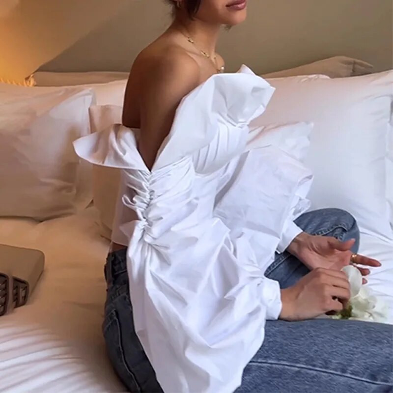 Női, 2023. ősz, új divat szexi dögös lánystílus, vállra tekerve, üreges mellkas, levegőminőségű hosszú ujjú felső