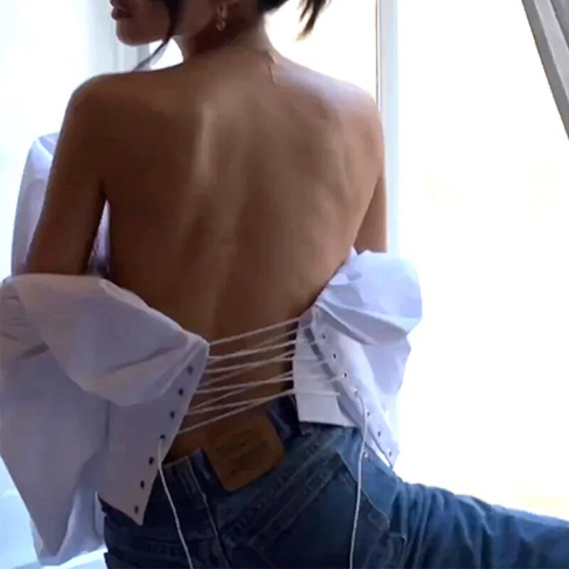 Női, 2023. ősz, új divat szexi dögös lánystílus, vállra tekerve, üreges mellkas, levegőminőségű hosszú ujjú felső