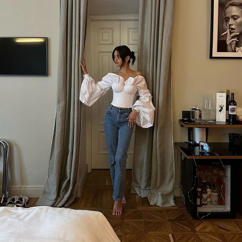 Női, 2023. ősz, új divat szexi dögös lánystílus, vállra tekerve, üreges mellkas, levegőminőségű hosszú ujjú felső