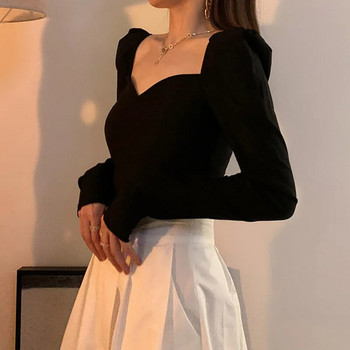 Винтидж елегантни ризи Дамски блузи с буф ръкав и квадратна яка Офис дамски корейски есенни черни шик тънки ежедневни универсални горнища