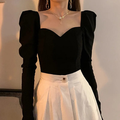 Vintage elegantsed särgid naiste puhvis varrukatega kandiline krae pluusid kontori naised korea sügis must šikk õhuke vabaaja kõik sobilikud topid