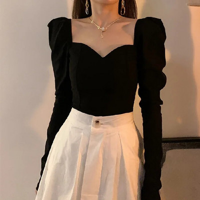 Vintage Elegantne košulje Ženske bluze s puf rukavima s četvrtastim ovratnikom Uredske dame Korejske jesenske crne šik uske ležerne majice za razne kombinacije