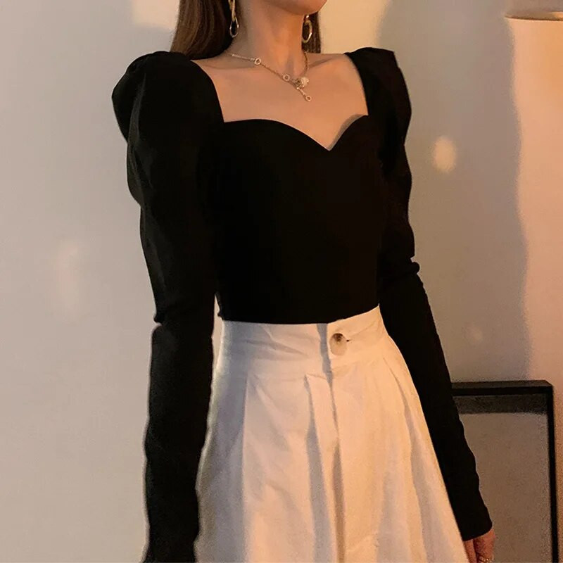 Vintage Elegantne košulje Ženske bluze s puf rukavima s četvrtastim ovratnikom Uredske dame Korejske jesenske crne šik uske ležerne majice za razne kombinacije