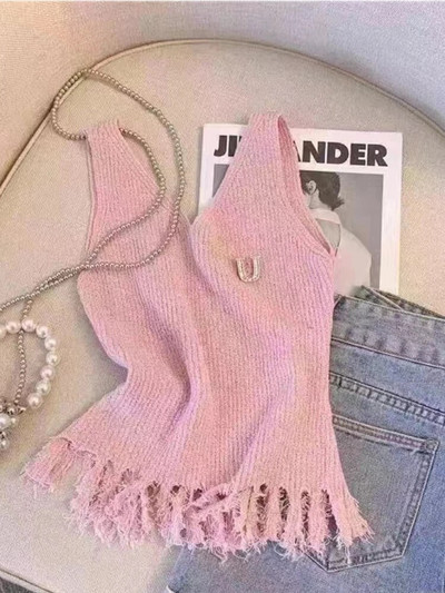 Új stílusú, kötött, ujjatlan női pulóver felsőruházat, felső, vékony, sokoldalú, rózsaszín póló koreai divatos ruhák