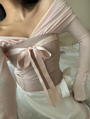 Articat 2024 Contrast Patchwork Satino Lacing Crop Top Moteriška V formos iškirptė ilgomis rankovėmis Ploni, universalūs marškinėliai Baletcore vakarėlio drabužiai