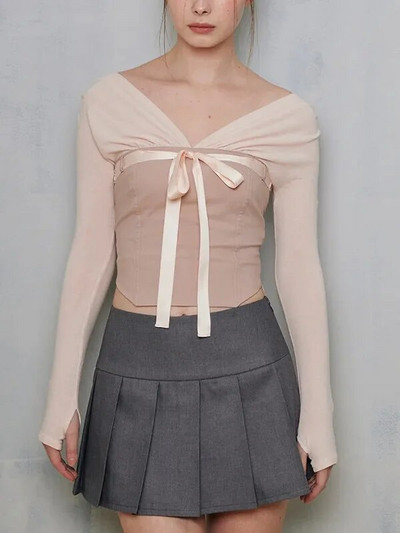 Articat 2024 Contrast Patchwork Satino Lacing Crop Top Moteriška V formos iškirptė ilgomis rankovėmis Ploni, universalūs marškinėliai Baletcore vakarėlio drabužiai