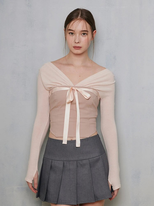 Articat 2024 Contrast Patchwork Satino Lacing Crop Top Moteriška V formos iškirptė ilgomis rankovėmis Ploni, universalūs marškinėliai Baletcore vakarėlio drabužiai