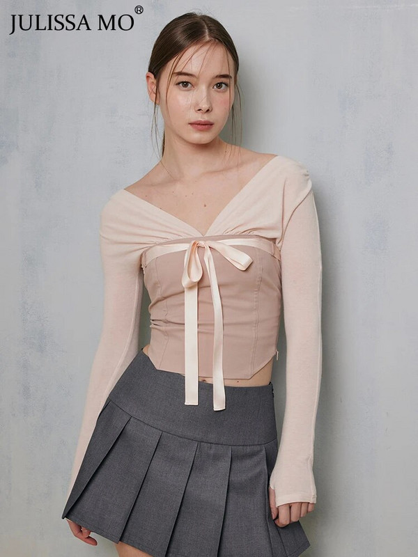 Articat 2024 Contrast Patchwork Satino Lacing Crop Top Moteriška V formos iškirptė ilgomis rankovėmis Ploni, universalūs marškinėliai Baletcore vakarėlio drabužiai