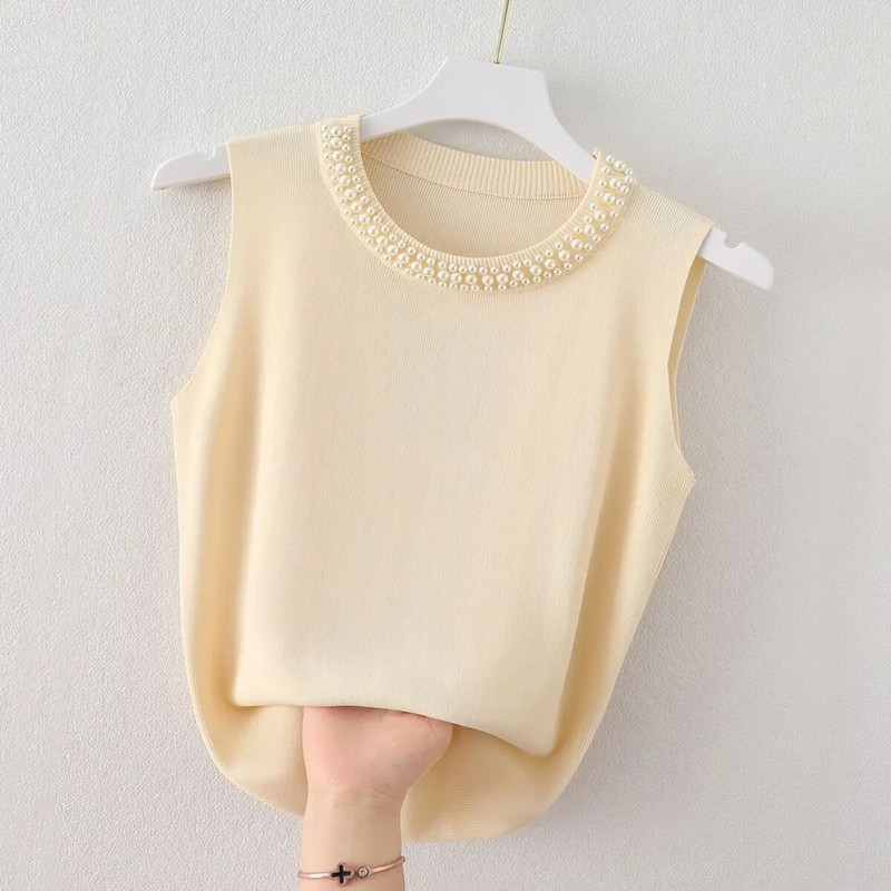 Ženska ljetna kombinacija od ledene svile, majica bez rukava, tanka, skraćena bijela pletena potkošulja, majica bez rukava