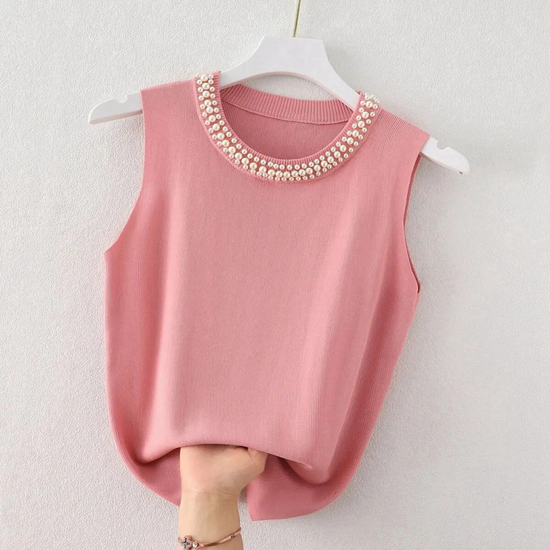 Ženska ljetna kombinacija od ledene svile, majica bez rukava, tanka, skraćena bijela pletena potkošulja, majica bez rukava