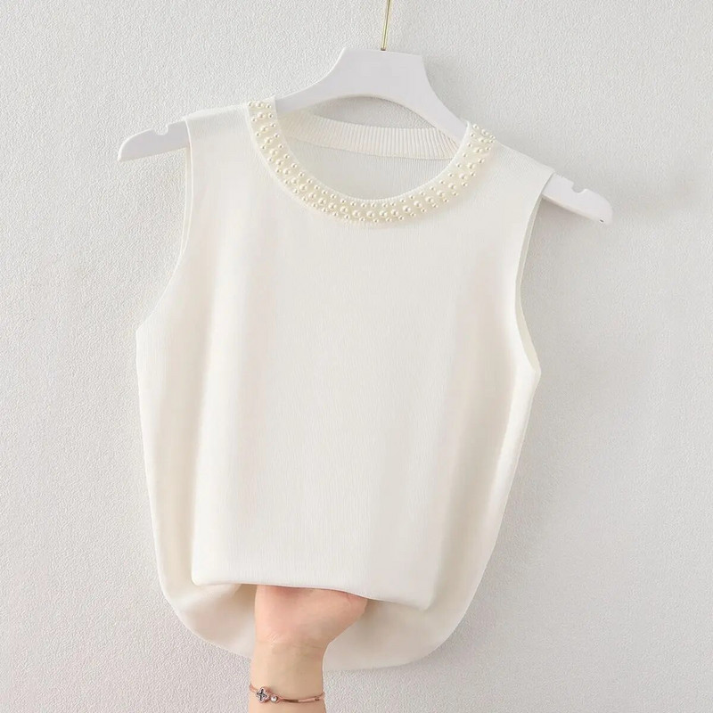 Ženska ljetna kombinacija od ledene svile, majica bez rukava, tanka, skraćena bijela pletena potkošulja, majica bez rukava