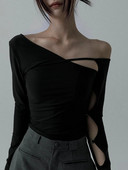 Utcai ruházat vállból kivágott pólók Solid Vintage alkalmi All Match Crop Top hosszú ujjú vékony női Elegáns pólók divat Y2k