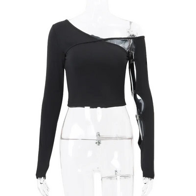 Utcai ruházat vállból kivágott pólók Solid Vintage alkalmi All Match Crop Top hosszú ujjú vékony női Elegáns pólók divat Y2k