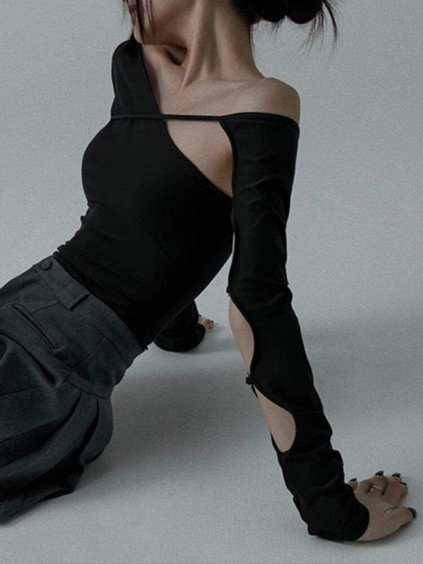 Utcai ruházat vállból kivágott pólók Solid Vintage alkalmi All Match Crop Top hosszú ujjú vékony női Elegáns pólók divat Y2k