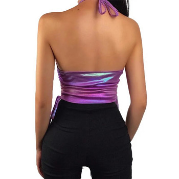 Цветен лазерно отразяващ потник с верига Секси жилетка с халтер Летни потници без ръкави Draped Slim Fitted Gothic Tops mujer