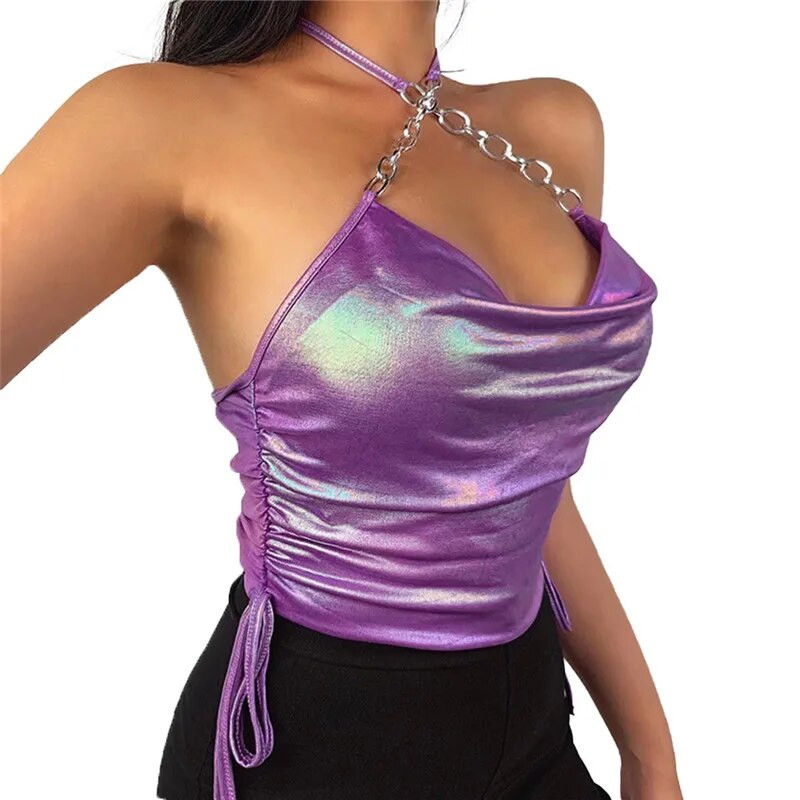 Šarena laserski reflektirajuća majica s lancem, seksi prsluk s halterima, ljetne majice bez rukava Drapirane uske gotičke majice mujer