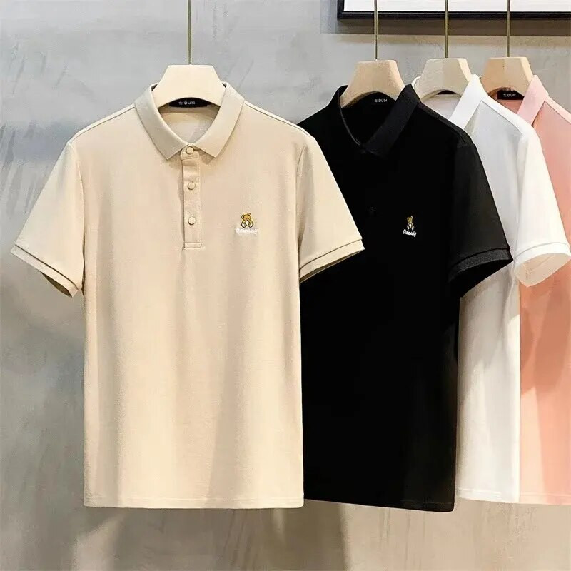 Vasariniai marškinėliai trumpomis rankovėmis Vyriški paprasto meškiuko siuvinėjimo aukščiausios klasės polo marškinėliai Madingi kūno marškinėliai T