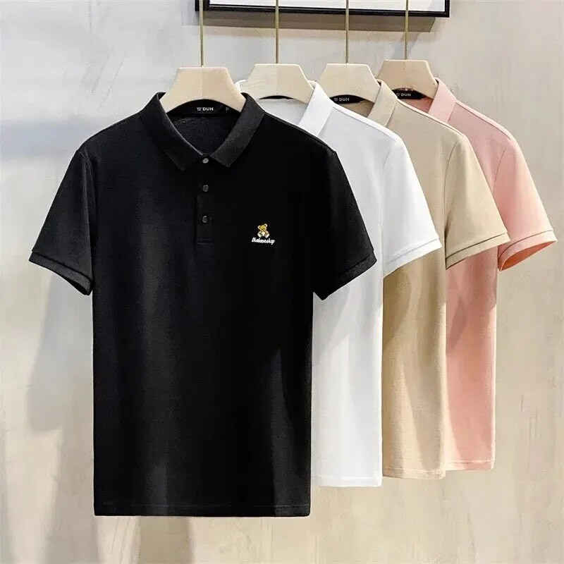 Vasariniai marškinėliai trumpomis rankovėmis Vyriški paprasto meškiuko siuvinėjimo aukščiausios klasės polo marškinėliai Madingi kūno marškinėliai T