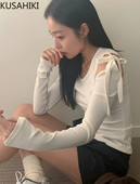 KUSAHIKI kórejské sladké šnurovacie obväzové duté dlhé rukávy pikantné dievčenské štíhle tričko Y2k 2024 jarné nové tričká so základnou grafikou