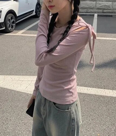 KUSAHIKI kórejské sladké šnurovacie obväzové duté dlhé rukávy pikantné dievčenské štíhle tričko Y2k 2024 jarné nové tričká so základnou grafikou