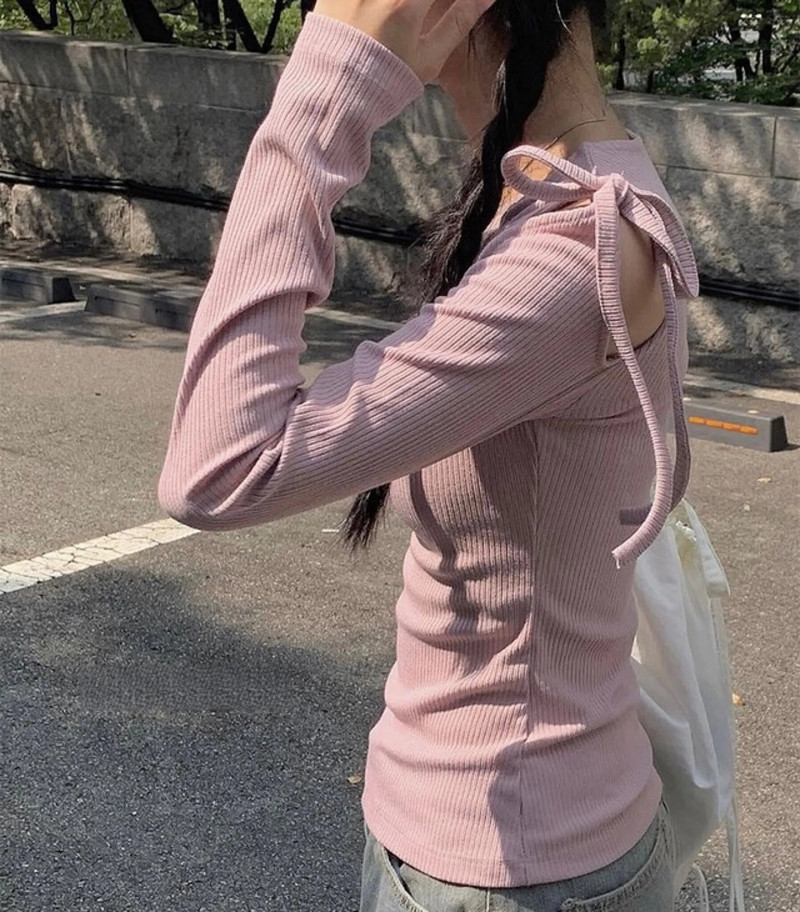 KUSAHIKI kórejské sladké šnurovacie obväzové duté dlhé rukávy pikantné dievčenské štíhle tričko Y2k 2024 jarné nové tričká so základnou grafikou