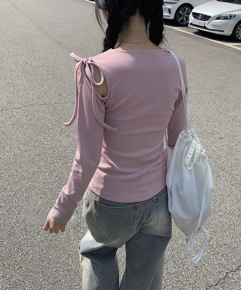 KUSAHIKI kórejské sladké šnurovacie obväzové duté dlhé rukávy pikantné dievčenské štíhle tričko Y2k 2024 jarné nové tričká so základnou grafikou