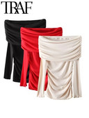 TRAF 2024 tavaszi, elegáns piros kötött női nyúlós vállpólók, hosszú ujjú, dörzsölt oldalsó alkalmi, karcsú női, kötött felső, Y2K