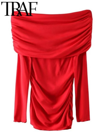 TRAF 2024 Пролетни елегантни червени плетени дамски тениски с разтегнати рамена с дълги ръкави и гъсти отстрани Ежедневно тънко дамско изрязано топ Y2K
